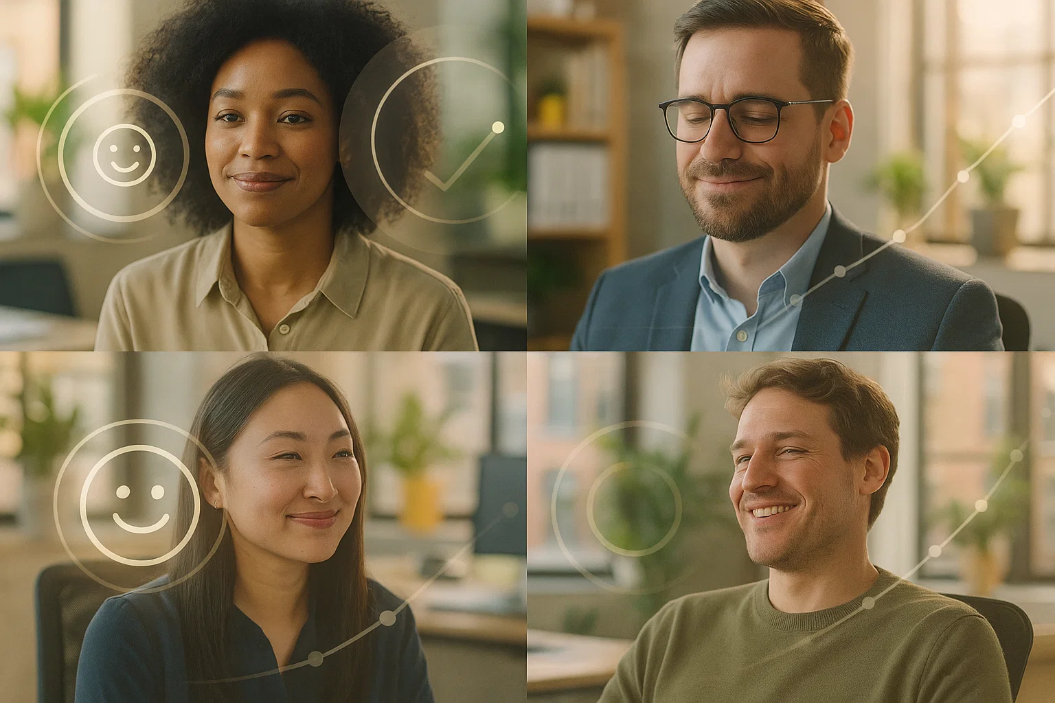 Happy employees collaborating - Performance Review Software